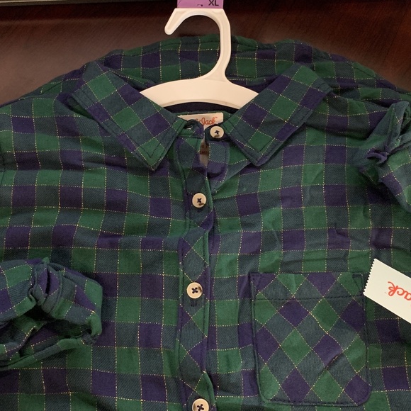 Girls Long Sleeve Woven Button-Down Shirt Green XL - Picture 2 of 3